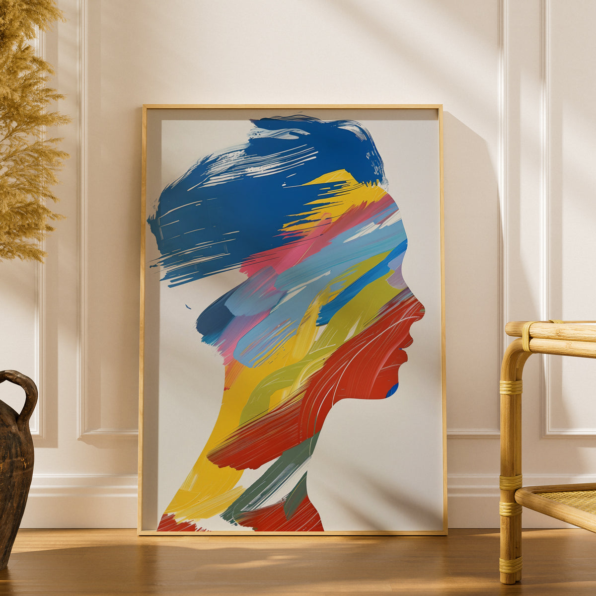 Abstract Profile Silhouette Poster, Colourful Brushstroke Wall Art, Modern Portrait Art Print — styling mockup 1