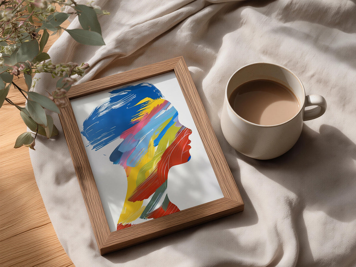 Abstract Profile Silhouette Poster, Colourful Brushstroke Wall Art, Modern Portrait Art Print — styling mockup 3