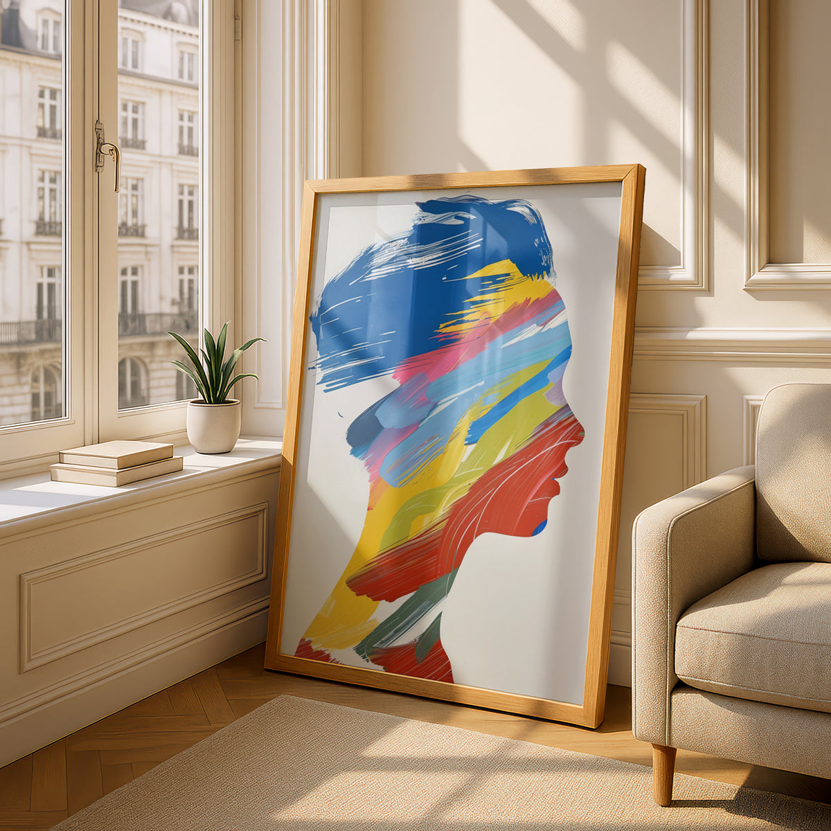 Abstract Profile Silhouette Poster, Colourful Brushstroke Wall Art, Modern Portrait Art Print — styling mockup 4