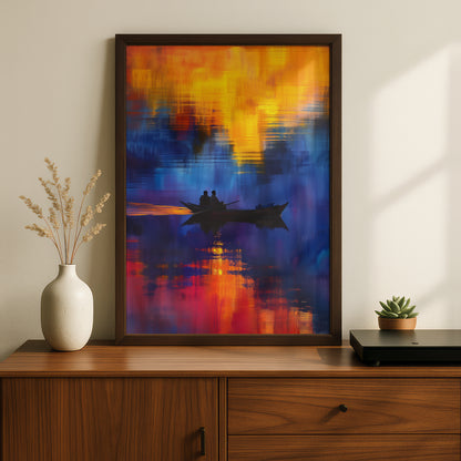 Sunset Boat Wall Art, Abstract Seascape Poster, Orange Blue Lake Print for Living Room, Bedroom — styling mockup 2