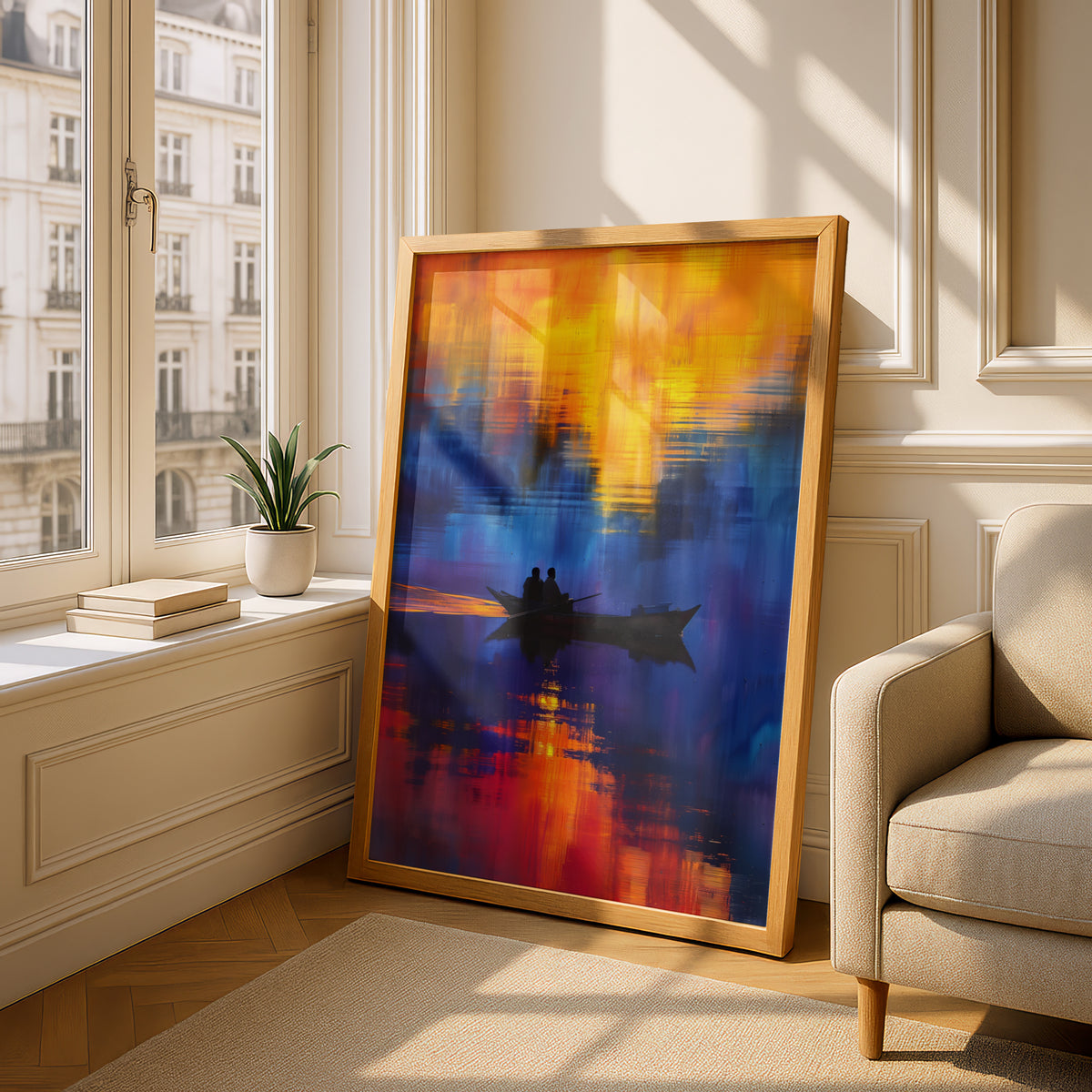 Sunset Boat Wall Art, Abstract Seascape Poster, Orange Blue Lake Print for Living Room, Bedroom — styling mockup 4