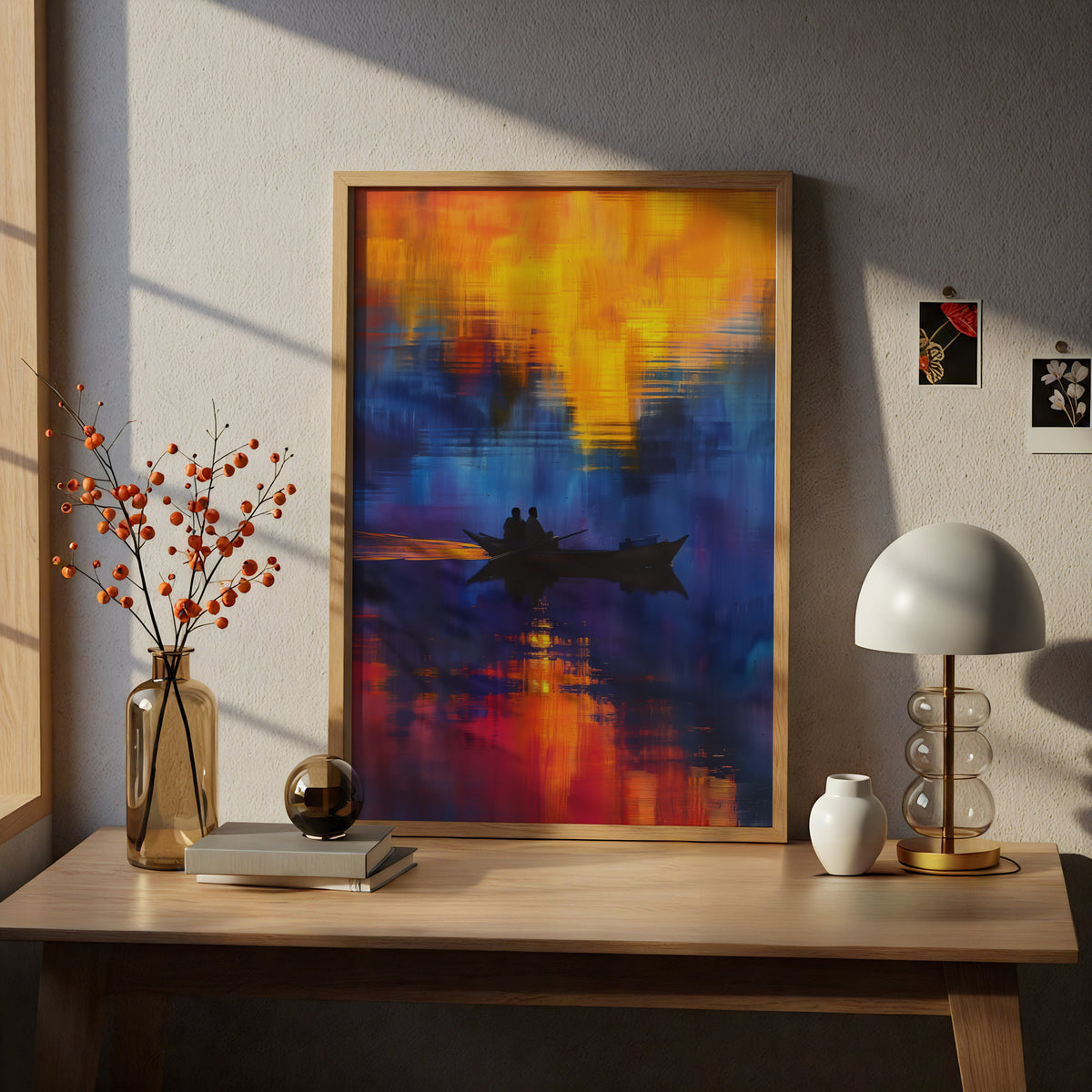 Sunset Boat Wall Art, Abstract Seascape Poster, Orange Blue Lake Print for Living Room, Bedroom — styling mockup 5