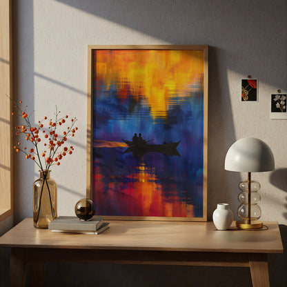 Sunset Boat Wall Art, Abstract Seascape Poster, Orange Blue Lake Print for Living Room, Bedroom — styling mockup 5