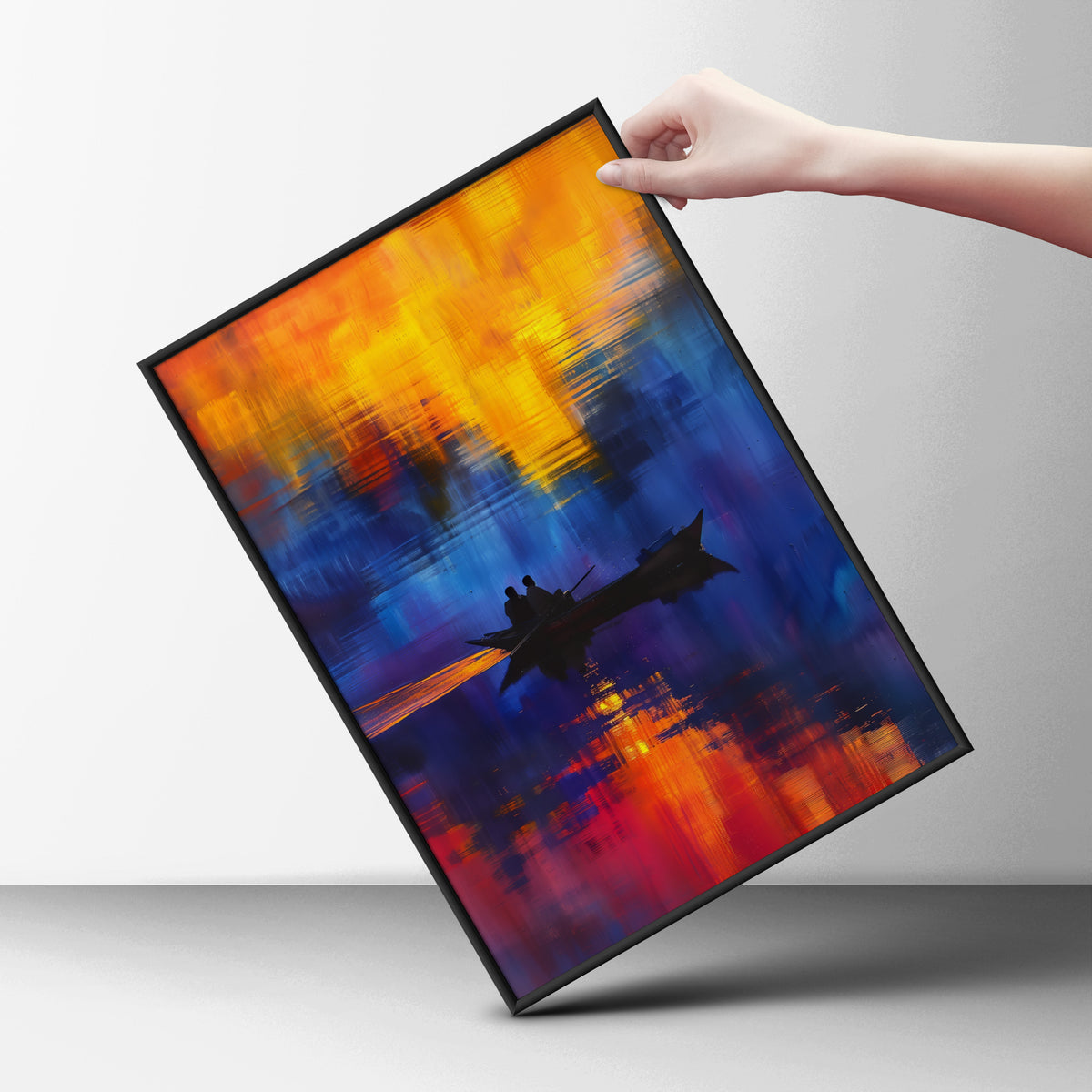 Sunset Boat Wall Art, Abstract Seascape Poster, Orange Blue Lake Print for Living Room, Bedroom — styling mockup 6