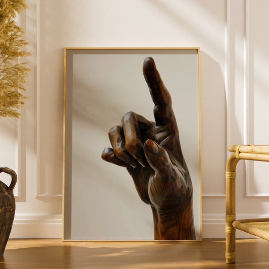 Carved Wooden Hand Sculpture Poster, Pointing Finger Wall Art, Dark Walnut Art Print, Modern — styling mockup 1
