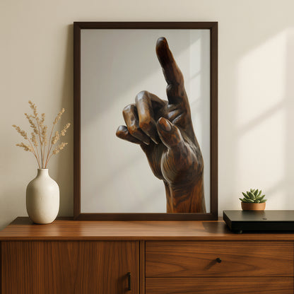 Carved Wooden Hand Sculpture Poster, Pointing Finger Wall Art, Dark Walnut Art Print, Modern — styling mockup 2