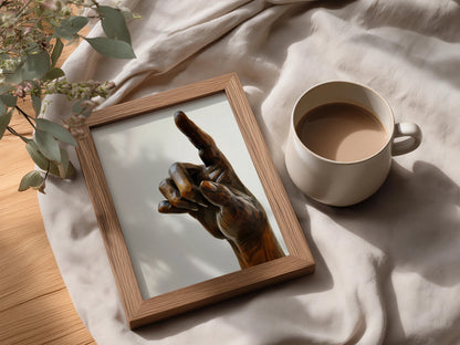 Carved Wooden Hand Sculpture Poster, Pointing Finger Wall Art, Dark Walnut Art Print, Modern — styling mockup 3