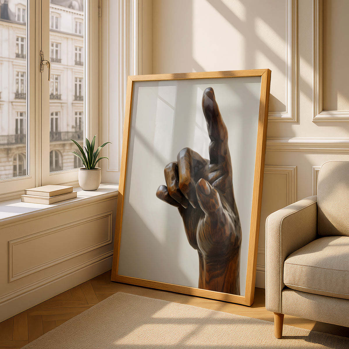 Carved Wooden Hand Sculpture Poster, Pointing Finger Wall Art, Dark Walnut Art Print, Modern — styling mockup 4