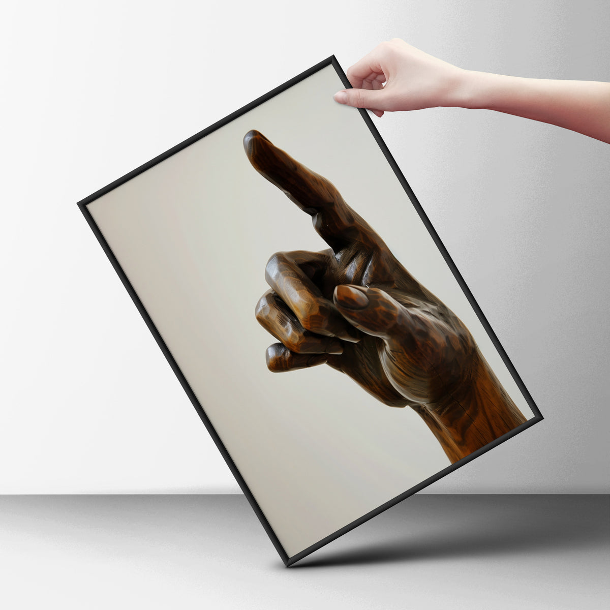 Carved Wooden Hand Sculpture Poster, Pointing Finger Wall Art, Dark Walnut Art Print, Modern — styling mockup 6