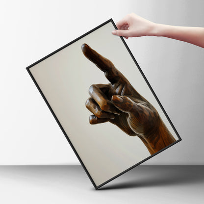 Carved Wooden Hand Sculpture Poster, Pointing Finger Wall Art, Dark Walnut Art Print, Modern — styling mockup 6