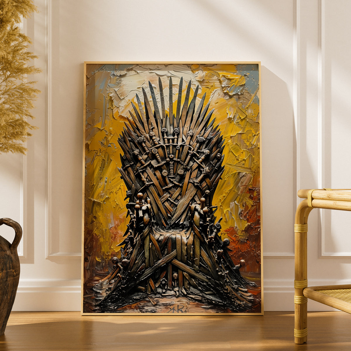 Sword Throne Wall Art, Yellow Palette Knife Oil Painting Print, Fantasy Poster for Living Room — styling mockup 1