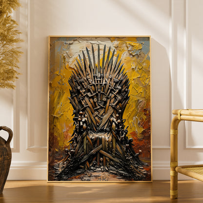 Sword Throne Wall Art, Yellow Palette Knife Oil Painting Print, Fantasy Poster for Living Room — styling mockup 1
