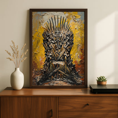 Sword Throne Wall Art, Yellow Palette Knife Oil Painting Print, Fantasy Poster for Living Room — styling mockup 2