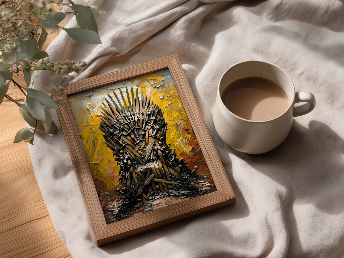Sword Throne Wall Art, Yellow Palette Knife Oil Painting Print, Fantasy Poster for Living Room — styling mockup 3