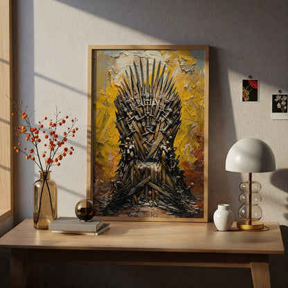 Sword Throne Wall Art, Yellow Palette Knife Oil Painting Print, Fantasy Poster for Living Room — styling mockup 5