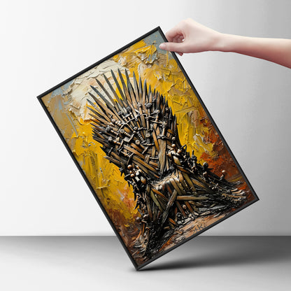 Sword Throne Wall Art, Yellow Palette Knife Oil Painting Print, Fantasy Poster for Living Room — styling mockup 6