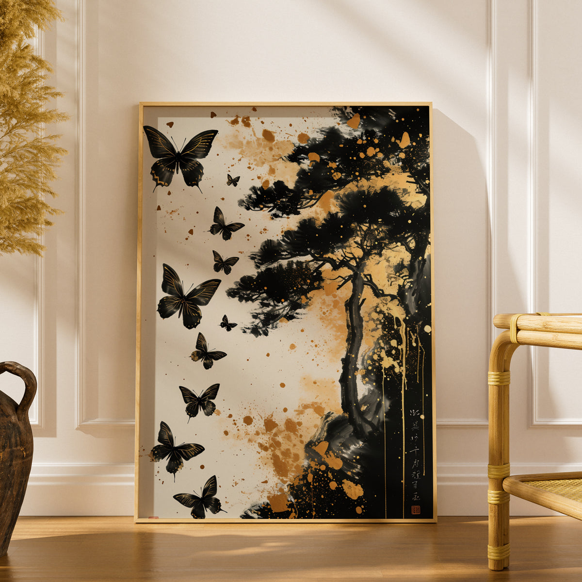 Black Butterfly Poster, Japanese Ink Wall Art, Gold Splatter Pine Tree Art Print, Zen Decor — styling mockup 1