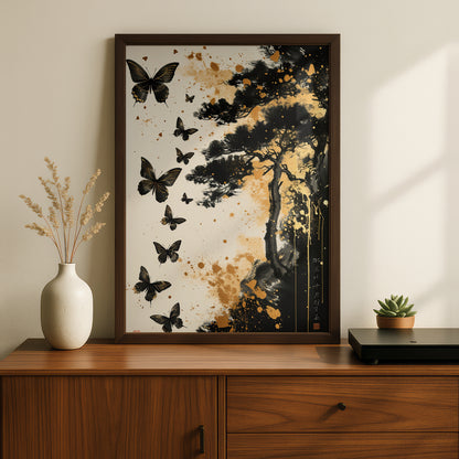 Black Butterfly Poster, Japanese Ink Wall Art, Gold Splatter Pine Tree Art Print, Zen Decor — styling mockup 2