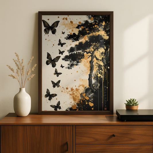 Black Butterfly Poster, Japanese Ink Wall Art, Gold Splatter Pine Tree Art Print, Zen Decor — styling mockup 2