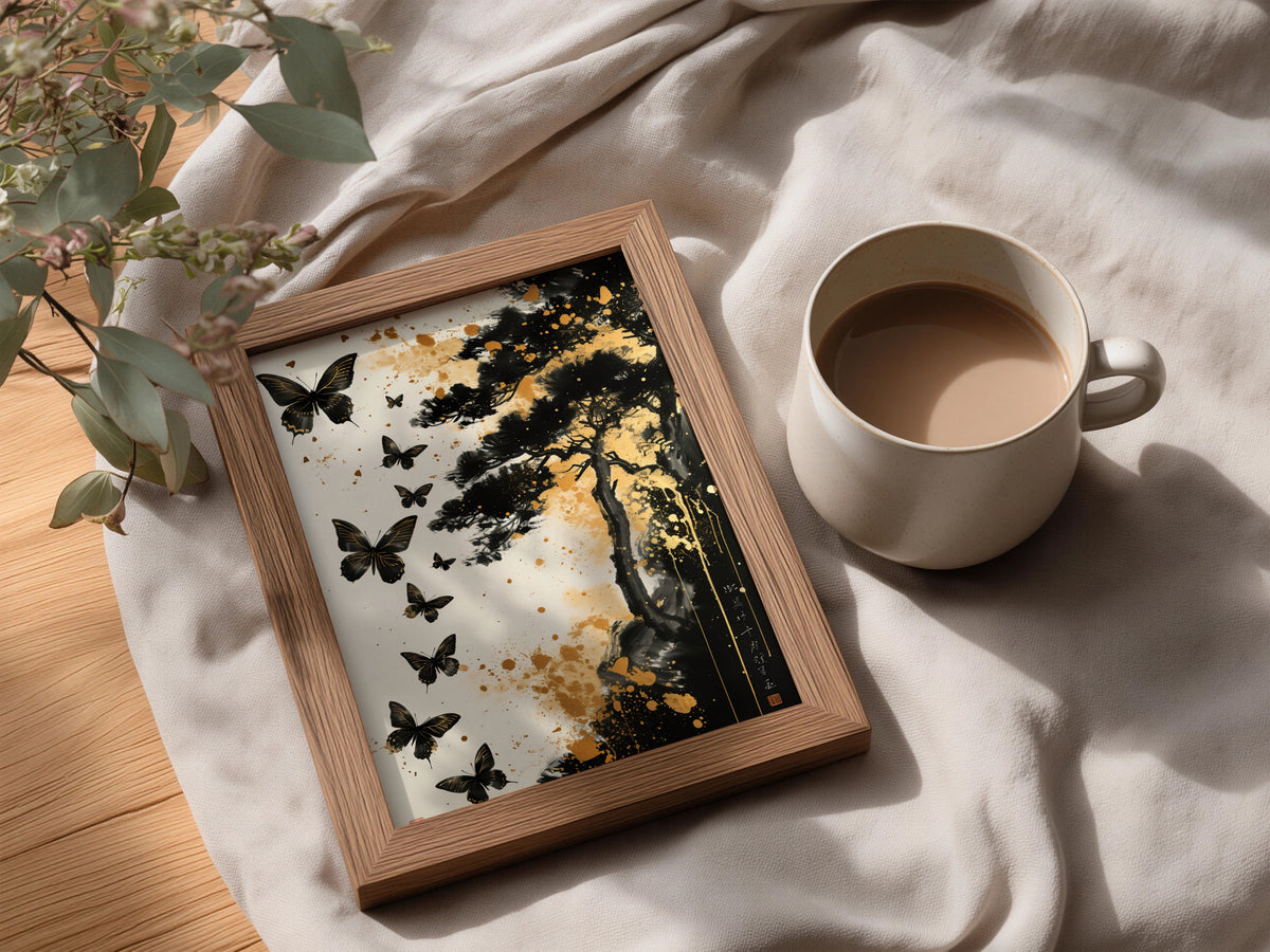 Black Butterfly Poster, Japanese Ink Wall Art, Gold Splatter Pine Tree Art Print, Zen Decor — styling mockup 3