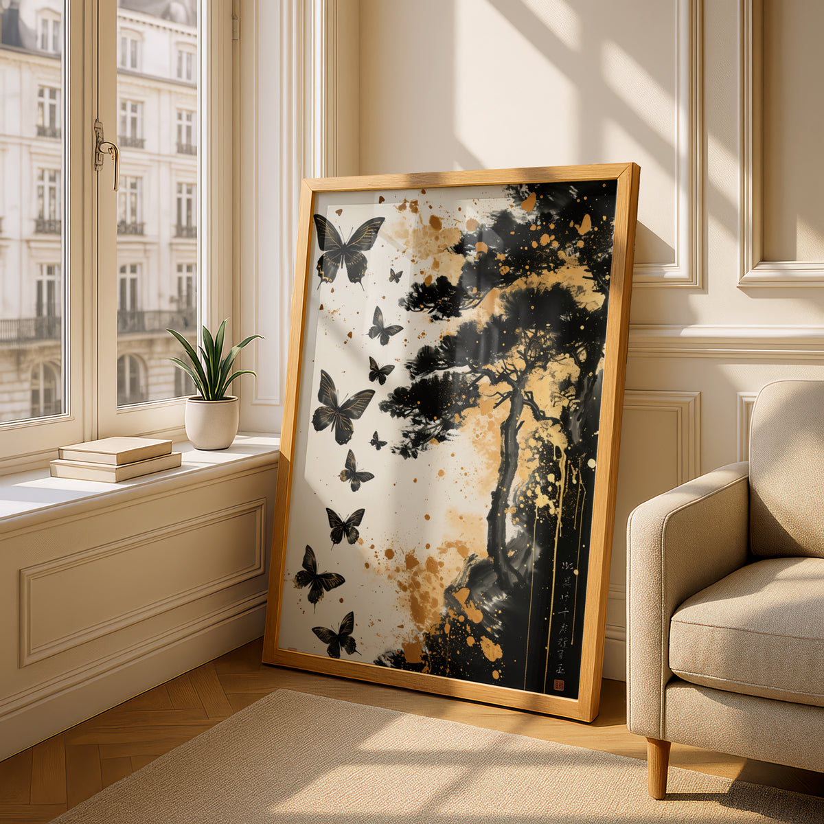 Black Butterfly Poster, Japanese Ink Wall Art, Gold Splatter Pine Tree Art Print, Zen Decor — styling mockup 4