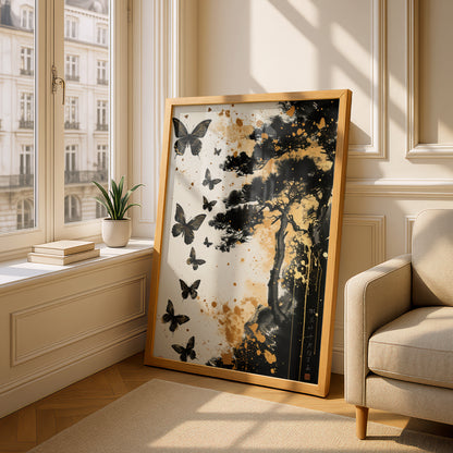 Black Butterfly Poster, Japanese Ink Wall Art, Gold Splatter Pine Tree Art Print, Zen Decor — styling mockup 4