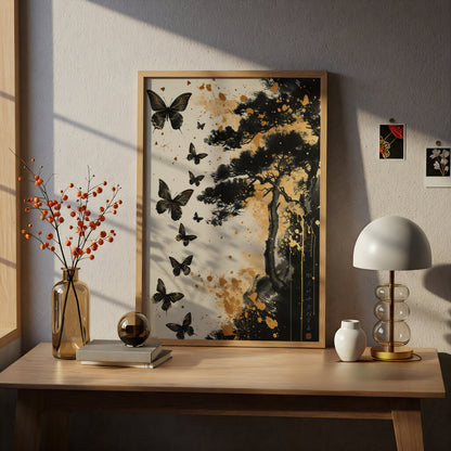 Black Butterfly Poster, Japanese Ink Wall Art, Gold Splatter Pine Tree Art Print, Zen Decor — styling mockup 5