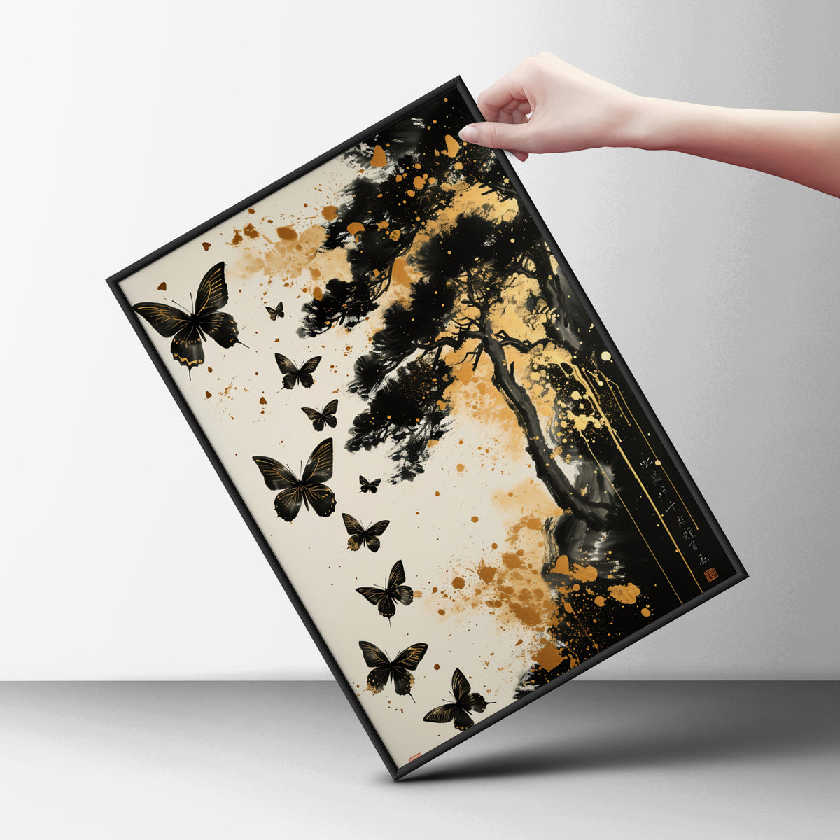 Black Butterfly Poster, Japanese Ink Wall Art, Gold Splatter Pine Tree Art Print, Zen Decor — styling mockup 6