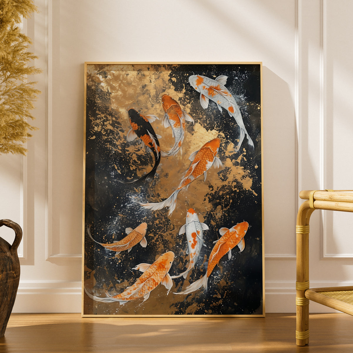 Koi Fish Poster, Orange and White Koi Wall Art, Black and Gold Japanese Art Print for Living Room — styling mockup 1