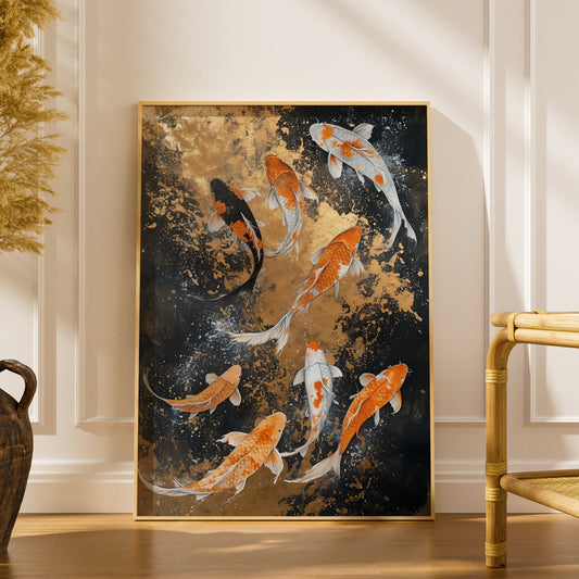 Koi Fish Poster, Orange and White Koi Wall Art, Black and Gold Japanese Art Print for Living Room — styling mockup 1
