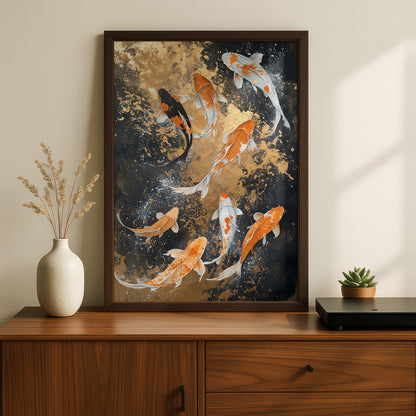 Koi Fish Poster, Orange and White Koi Wall Art, Black and Gold Japanese Art Print for Living Room — styling mockup 2