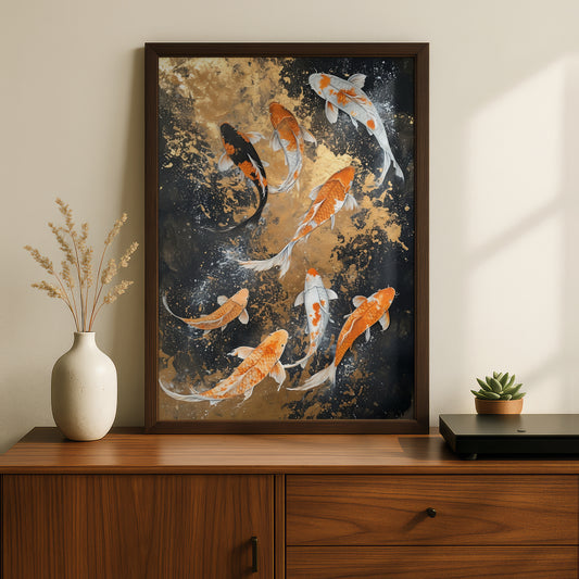 Koi Fish Poster, Orange and White Koi Wall Art, Black and Gold Japanese Art Print for Living Room — styling mockup 2