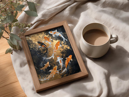 Koi Fish Poster, Orange and White Koi Wall Art, Black and Gold Japanese Art Print for Living Room — styling mockup 3