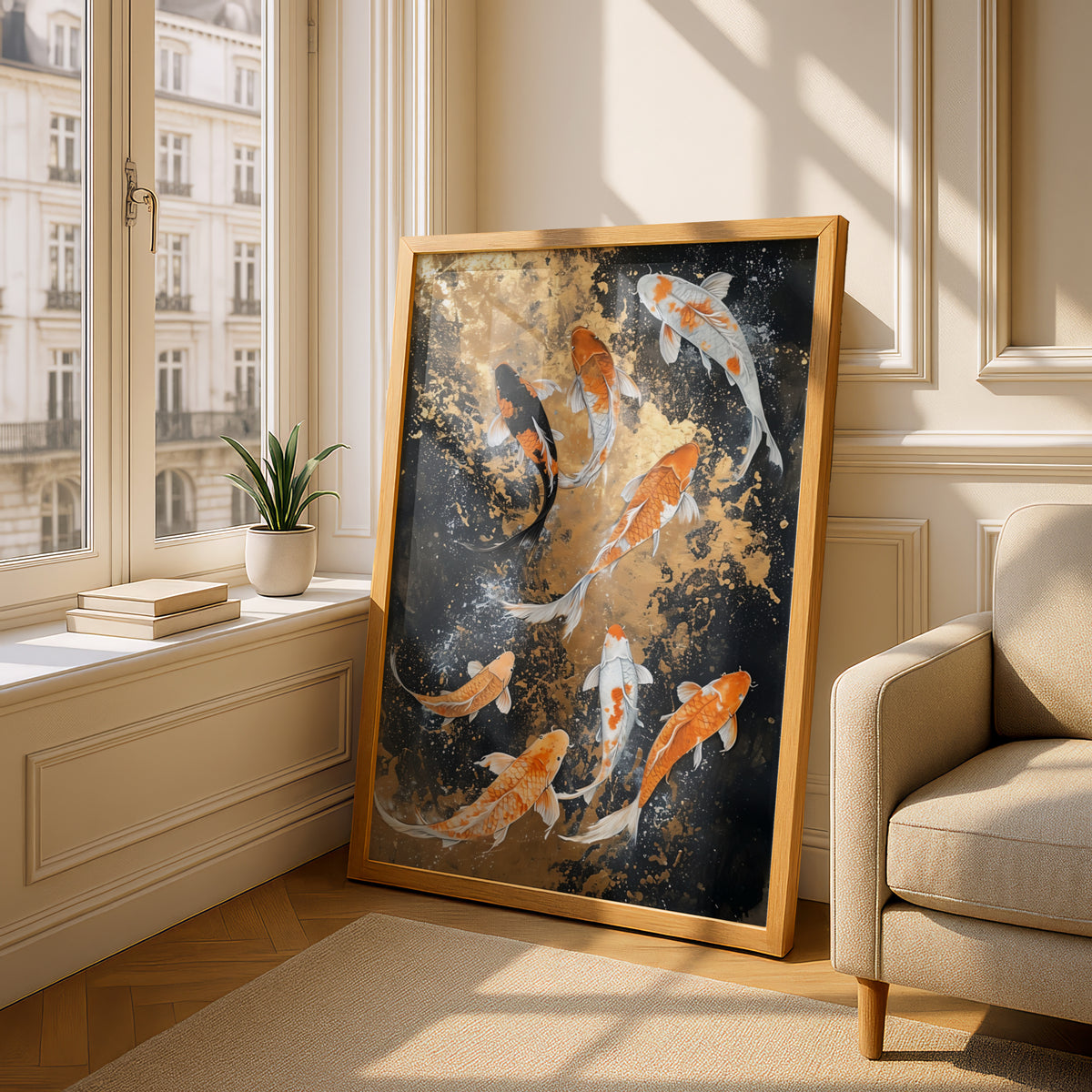 Koi Fish Poster, Orange and White Koi Wall Art, Black and Gold Japanese Art Print for Living Room — styling mockup 4