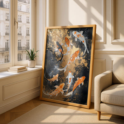 Koi Fish Poster, Orange and White Koi Wall Art, Black and Gold Japanese Art Print for Living Room — styling mockup 4