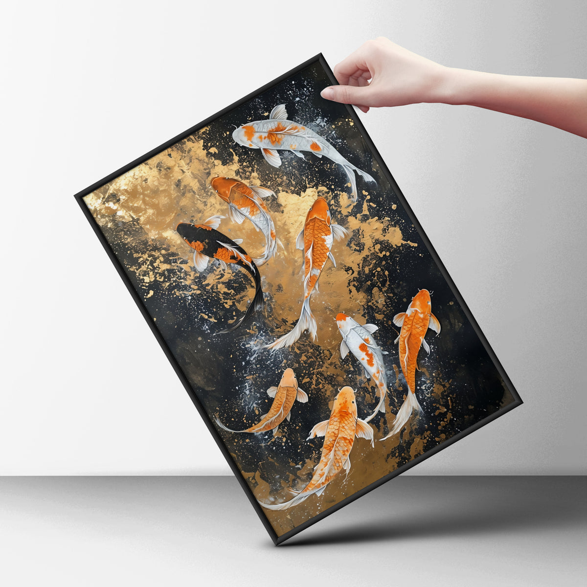 Koi Fish Poster, Orange and White Koi Wall Art, Black and Gold Japanese Art Print for Living Room — styling mockup 6