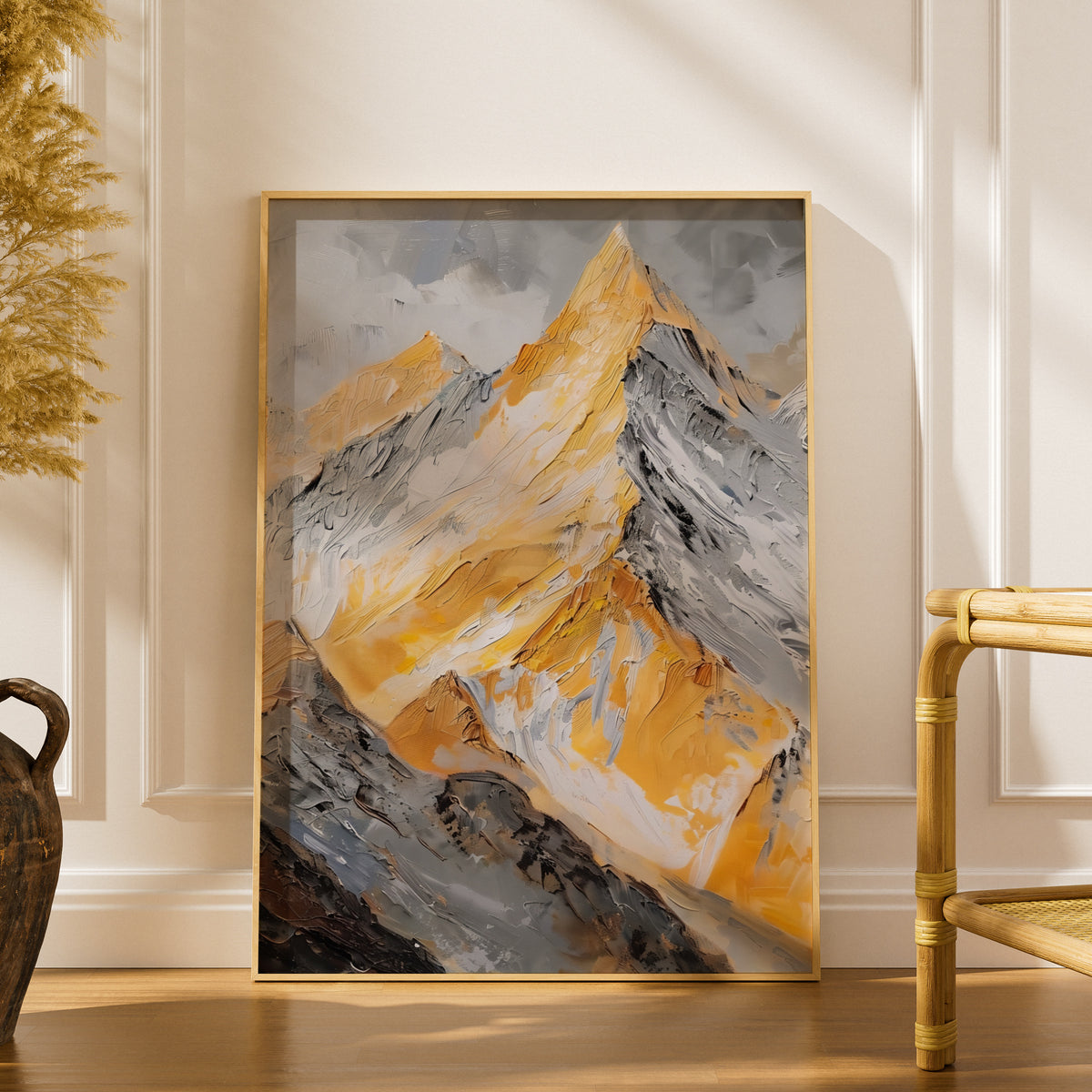 Golden Mountain Peak Oil Painting Print, Abstract Landscape Wall Art, Yellow Grey Textured Poster — styling mockup 1