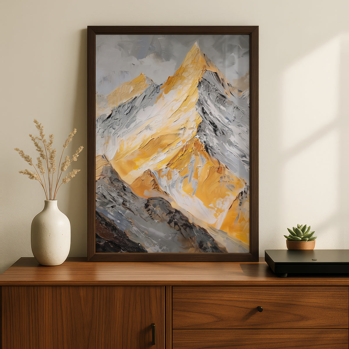 Golden Mountain Peak Oil Painting Print, Abstract Landscape Wall Art, Yellow Grey Textured Poster — styling mockup 2