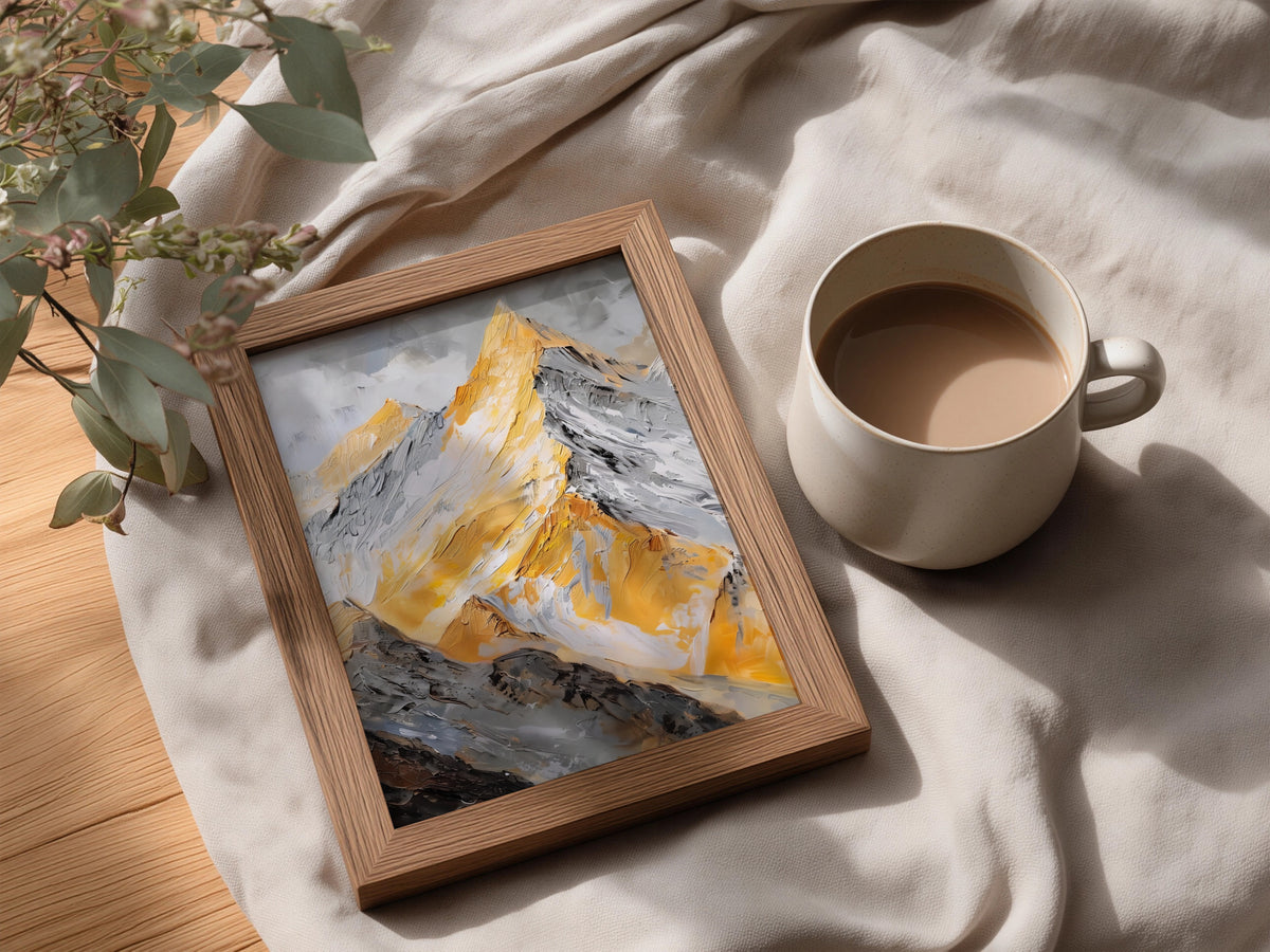 Golden Mountain Peak Oil Painting Print, Abstract Landscape Wall Art, Yellow Grey Textured Poster — styling mockup 3