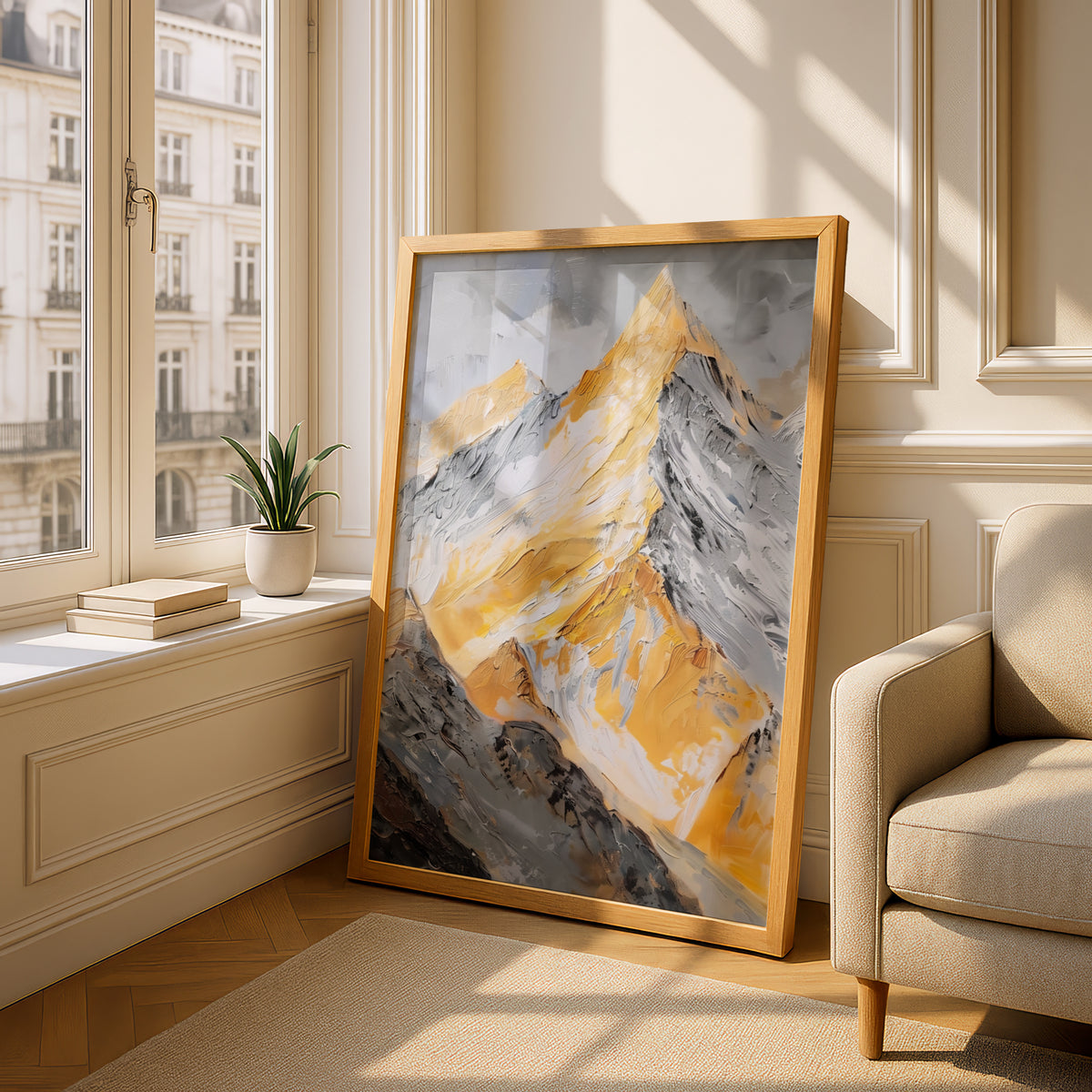 Golden Mountain Peak Oil Painting Print, Abstract Landscape Wall Art, Yellow Grey Textured Poster — styling mockup 4