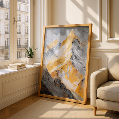 Golden Mountain Peak Oil Painting Print, Abstract Landscape Wall Art, Yellow Grey Textured Poster — styling mockup 4