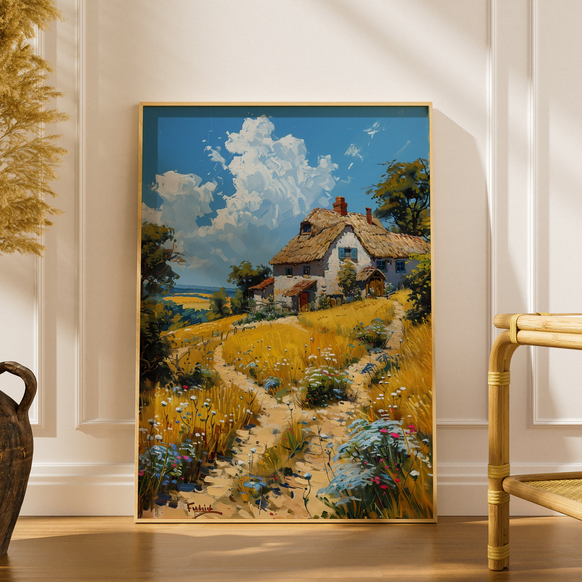 Thatched Cottage Oil Painting Poster, Countryside Wall Art Print, Wildflower Meadow, Living Room — styling mockup 1