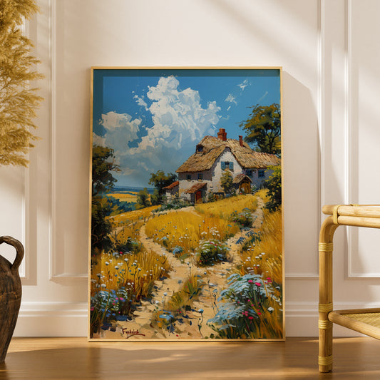 Thatched Cottage Oil Painting Poster, Countryside Wall Art Print, Wildflower Meadow, Living Room — styling mockup 1