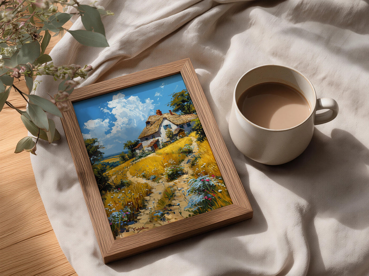 Thatched Cottage Oil Painting Poster, Countryside Wall Art Print, Wildflower Meadow, Living Room — styling mockup 3