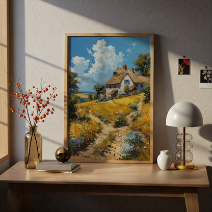 Thatched Cottage Oil Painting Poster, Countryside Wall Art Print, Wildflower Meadow, Living Room — styling mockup 5