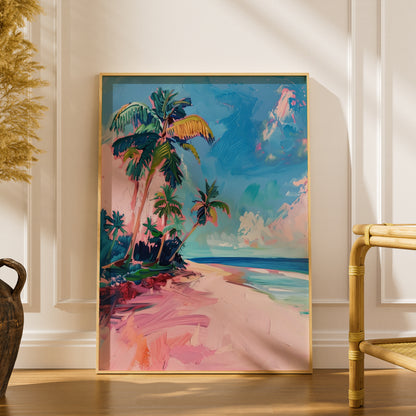 Pink Beach Palm Trees Wall Art, Tropical Coastal Poster, Colourful Seascape Art Print for Living — styling mockup 1