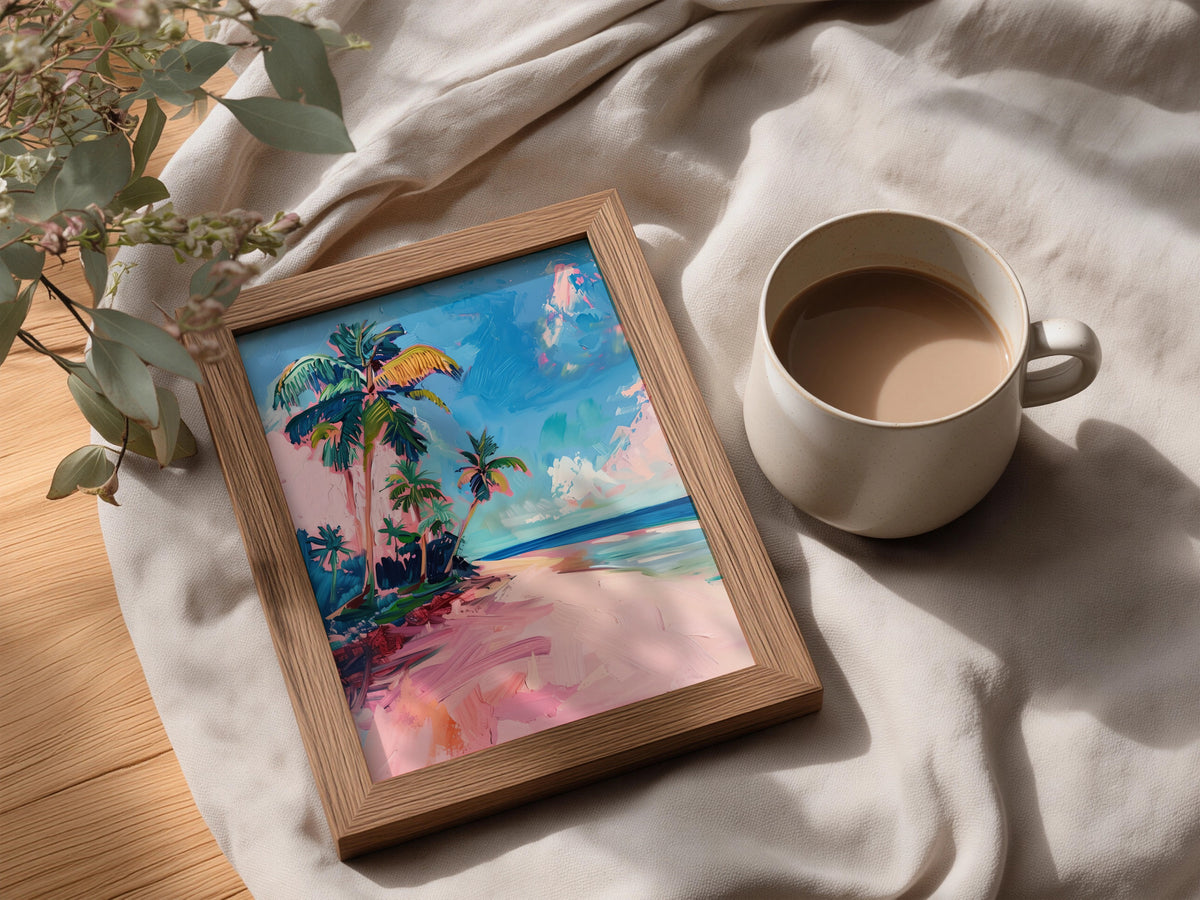 Pink Beach Palm Trees Wall Art, Tropical Coastal Poster, Colourful Seascape Art Print for Living — styling mockup 3