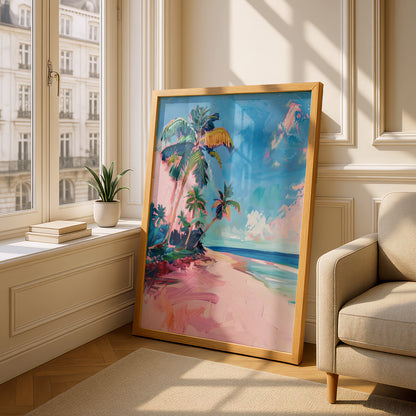 Pink Beach Palm Trees Wall Art, Tropical Coastal Poster, Colourful Seascape Art Print for Living — styling mockup 4