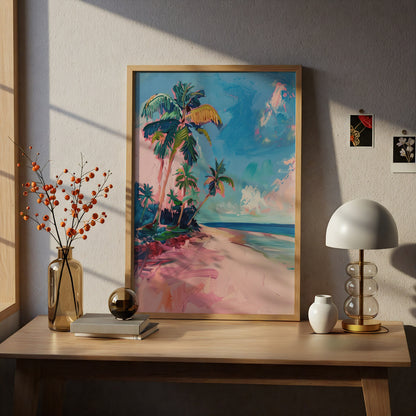Pink Beach Palm Trees Wall Art, Tropical Coastal Poster, Colourful Seascape Art Print for Living — styling mockup 5