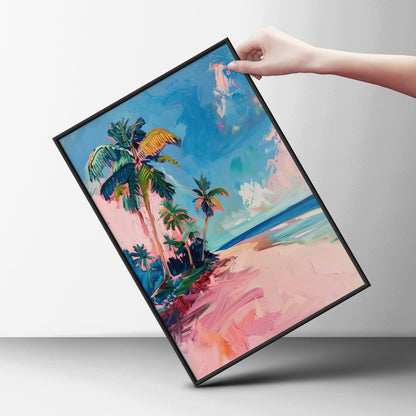 Pink Beach Palm Trees Wall Art, Tropical Coastal Poster, Colourful Seascape Art Print for Living — styling mockup 6